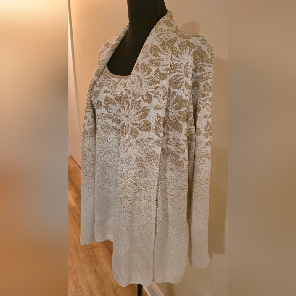 Ruby Rd. Cream & Gold Sparkley Poinsetta Cardigan & Tank Attached Set (Size 2X).